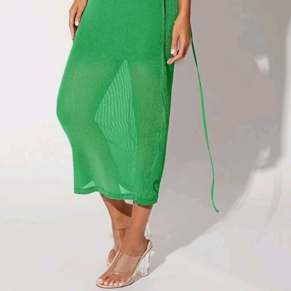 shein.Bae.Elegant Green Open Back Drawstring Shoulder Sparkly Dress Size L - Picture 11 of 12